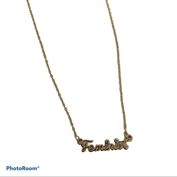 Small Gold tone w Rhinestones Feminist Necklace - Picture 6 of 8